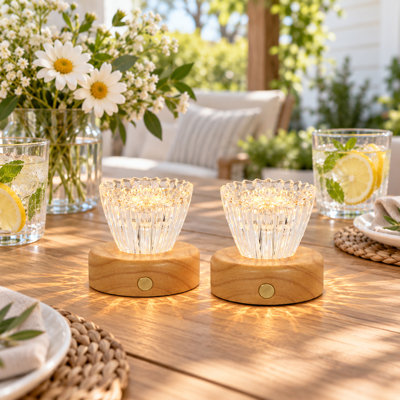 Lampe de bureau rustique rechargeable avec cristal à facettes et intensité variable, forme tulipe, sans fil, fini bois naturel (lot de 2)