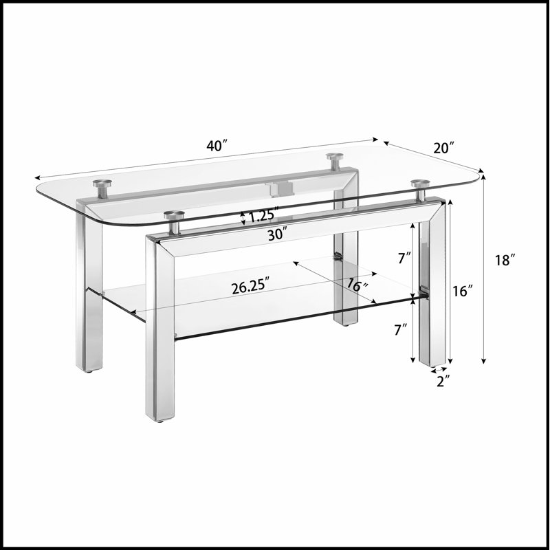 Rectangle Tempered Glass Coffee Table for Living Room, Modern Side Table with Mirrored Stainless Legs and Lower Shelf, Silver