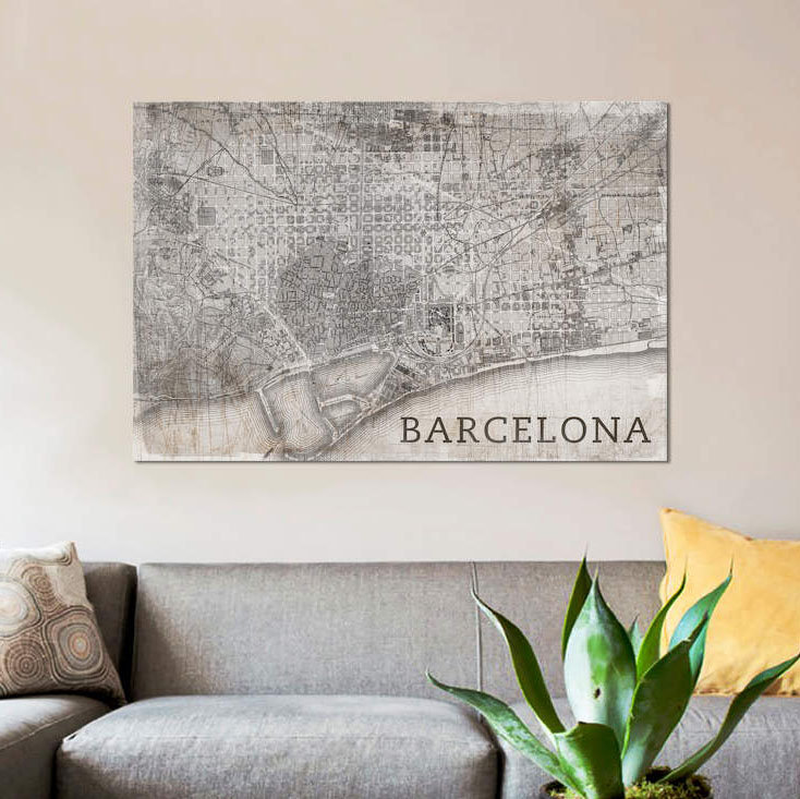 «Map Barcelona, Vintage» par PI Studio, reproduction d'art textuel sur toile sans cadre, H 8 po x l 12 po x P 0,75 po