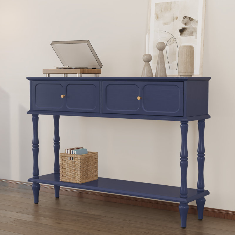 Mid-Century Console Table with 2 Drawers for Entry and Living Room,Blue, Blue