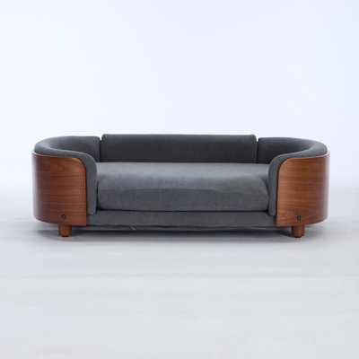 38.58" W x 26.77" D x 11.02" H Elevated Dog Bed Pet Sofa Solid Wood Legs Dark Gray Velvet Cushion with Removable Bolster Washable Large Size