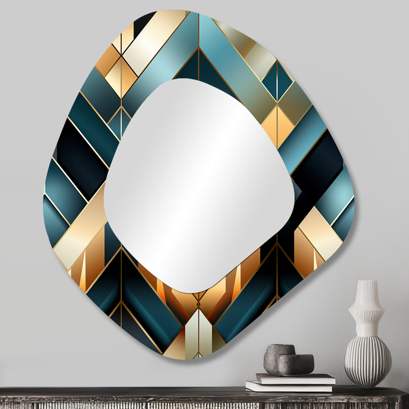 Blue Gold Deco Glamour Chevron Pattern - Chevron Metal Art Decor - Asymmetrical Modern Wall Mirror, 28" x 25"
