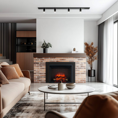 33 Inch Electric Fireplace Insert With Trim Kit, Fire Crackling Sound, Resin Log, Remote Control, 750/1500w Heater, Black