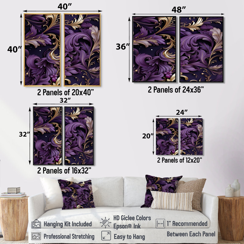 Motif damassé glamour doré et mauve - Glam, impressions sur toile modernes, 2 pièces, 32" H x 32" W, Noir