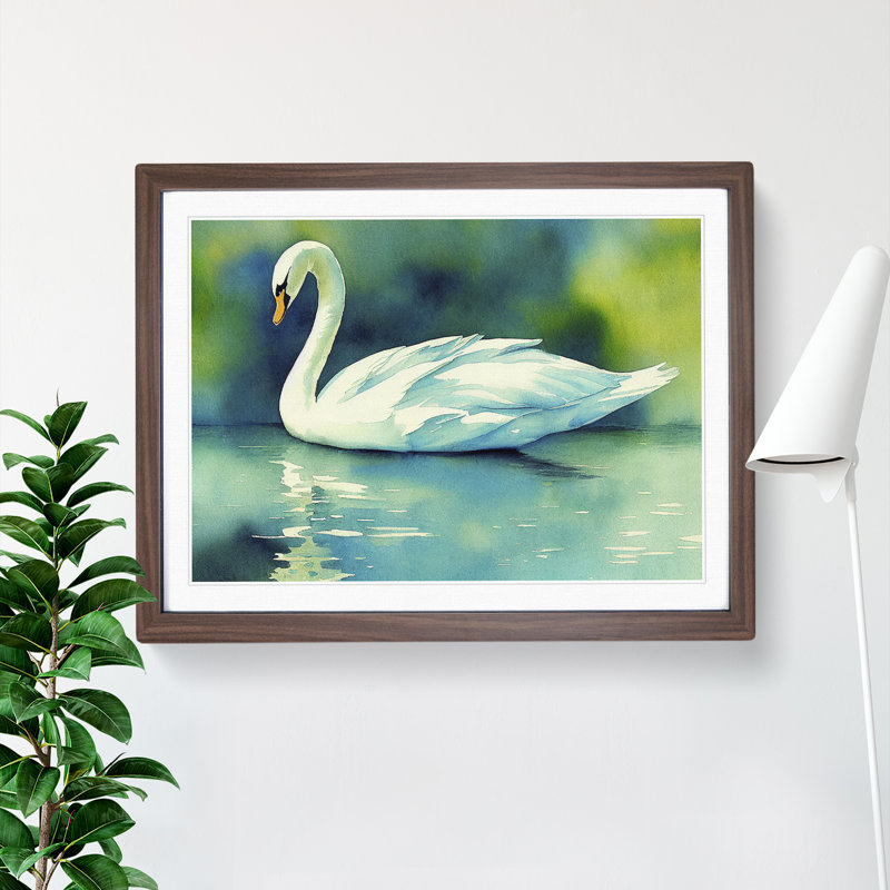 Swan Watercolour Vol.5 - Single Picture Frame Painting, 25cm H x 34cm W x 2cm D, Walnut