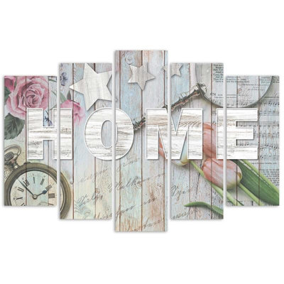 Home Wooden Inscription Flowers - 5 Piece Print