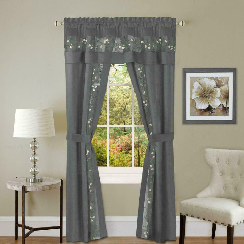 Kate Aurora Complete 5 Piece Embroidered Floral Window Curtain Set with Sheer Panels, Gray, 54" W x 84" L