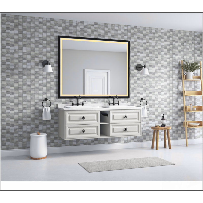 Miroir de salle de bain 60 po x 48 po à DEL avec cadre en aluminium, miroir de meuble-lavabo mural, anti-buée, mémoire, 3 couleurs, réglable en continu