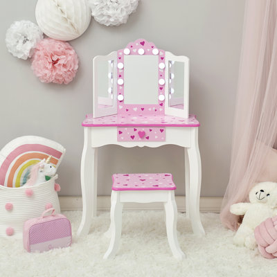 Teamson Kids Sweethearts Kids Play Vanity Table & Stool w/ LED, White & Pink