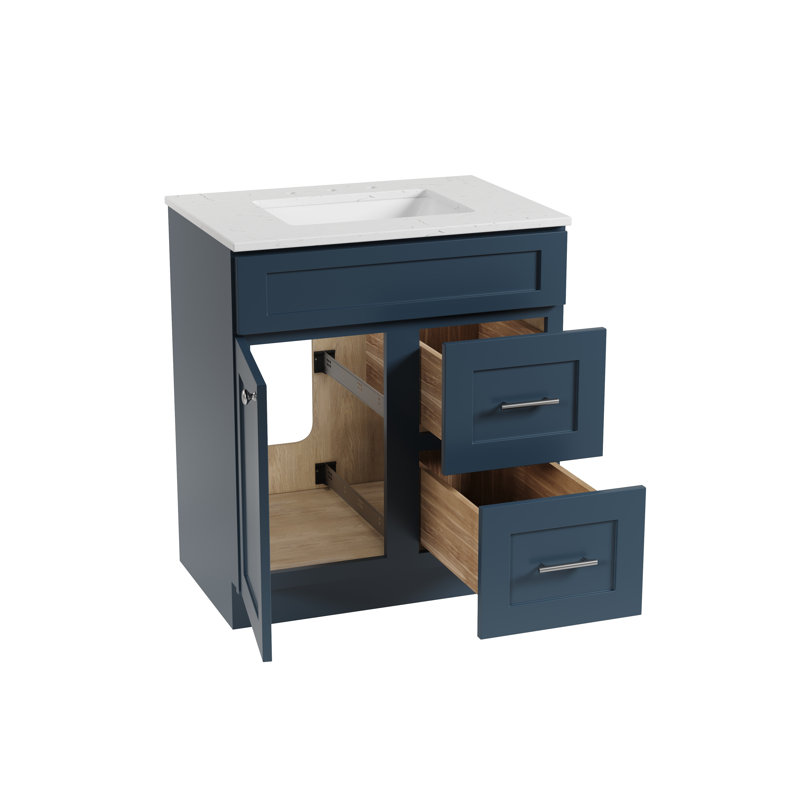 Chrisna D S R 30'' Single Bathroom Vanity Shaker Style Quartz Top Right Drawer, Blue
