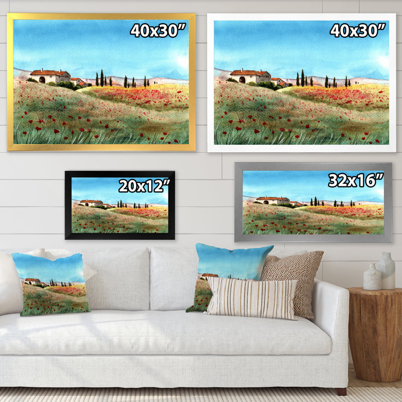 «A Tuscany Landscape With Distant Villa», reproduction sur toile, H 16 po x l 32 po, Toile argentée avec cadre d'angle fermé