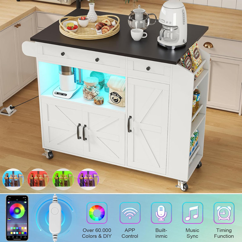 White Rolling Kitchen Island with Drop Leaf and LED Light