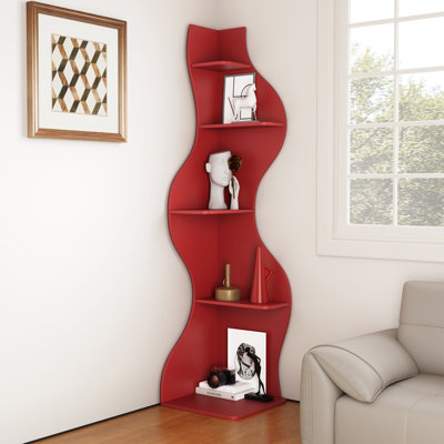 Corner Bookshelf, 5 Tier Modern Wall Shelf Bookcase Small Storage Rack Stylish Accent Wavy For Small Space, Plant Stand, Orange