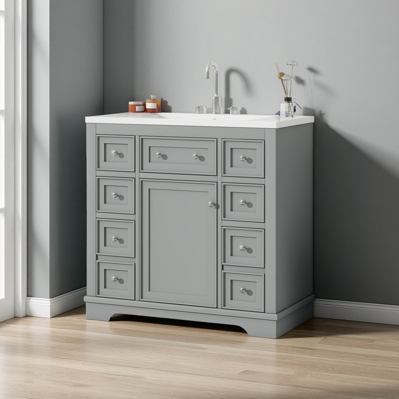 Ensemble de meuble-lavabo pour salle de bain avec lavabo, une armoire et six tiroirs, bois massif et panneau de fibres à densité moyenne