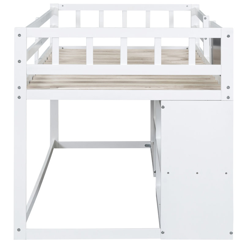 Lit mezzanine simple bas blanc avec bureau roulant, tablette et tablette de tiroirs organisés - Option de chambre polyvalente