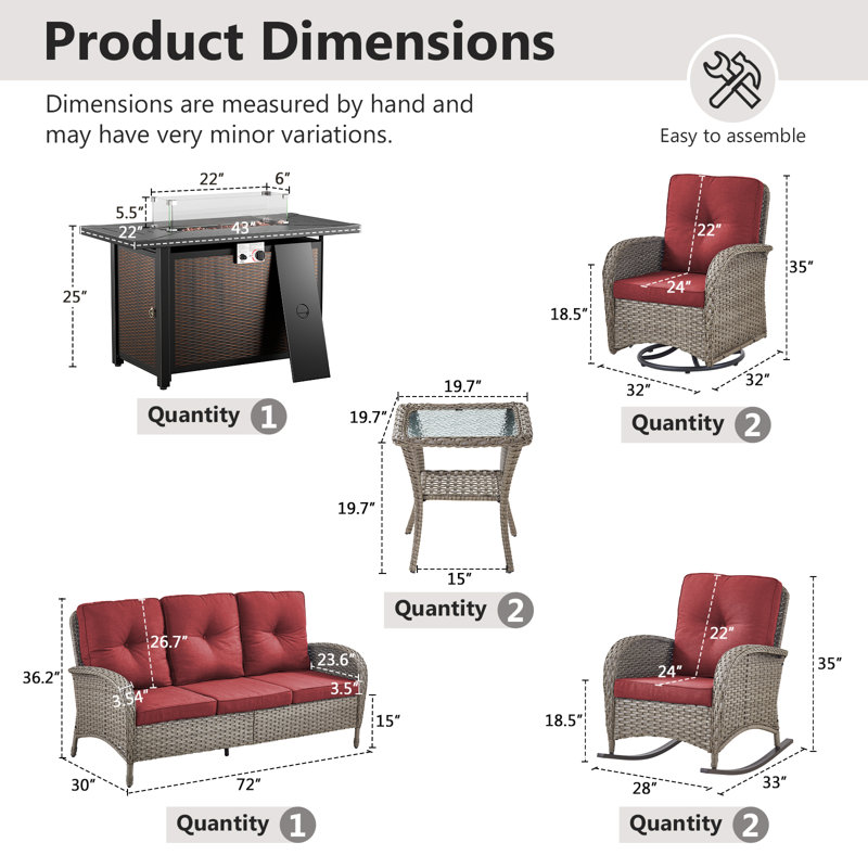 All-Weather Outdoor Wicker Porch Nighttime Family Fire Pit Set With Sofa, Rocking Chairs And Swivel Chairs, Red