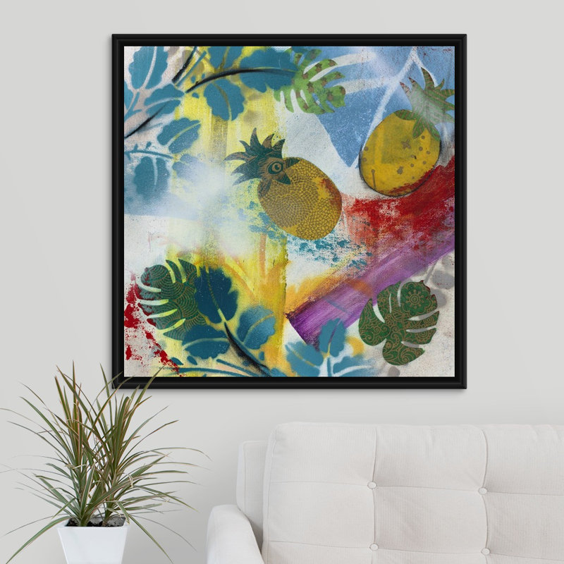 « new tropical bliss ii », peinture sur toile, Cadre flottant noir, H 31,7 po x l 31,7 po x p 1,75 po