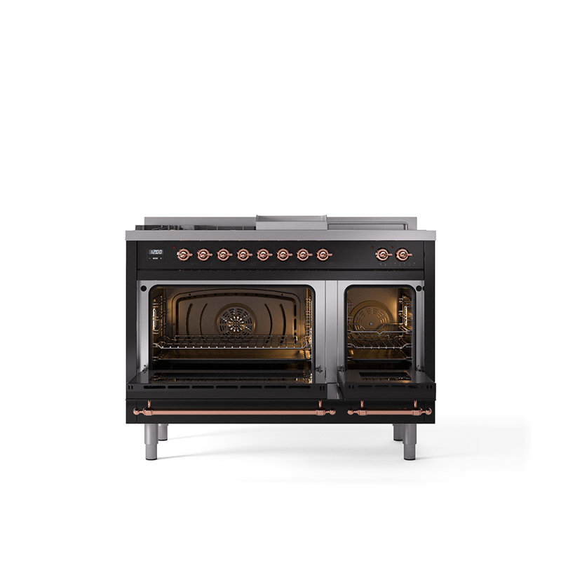 ILVE Nostalgie II 48 in Dual Fuel Range, 5 Burner, Griddle, Frenchtop, Glossy Black/Copper, Natural Gas