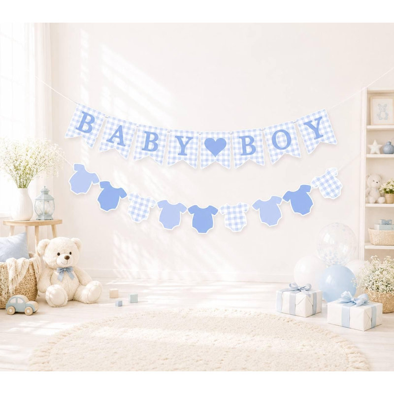 Baby Boy Shower Banner, Blue Gingham Bodysuit Garland, Party Decor
