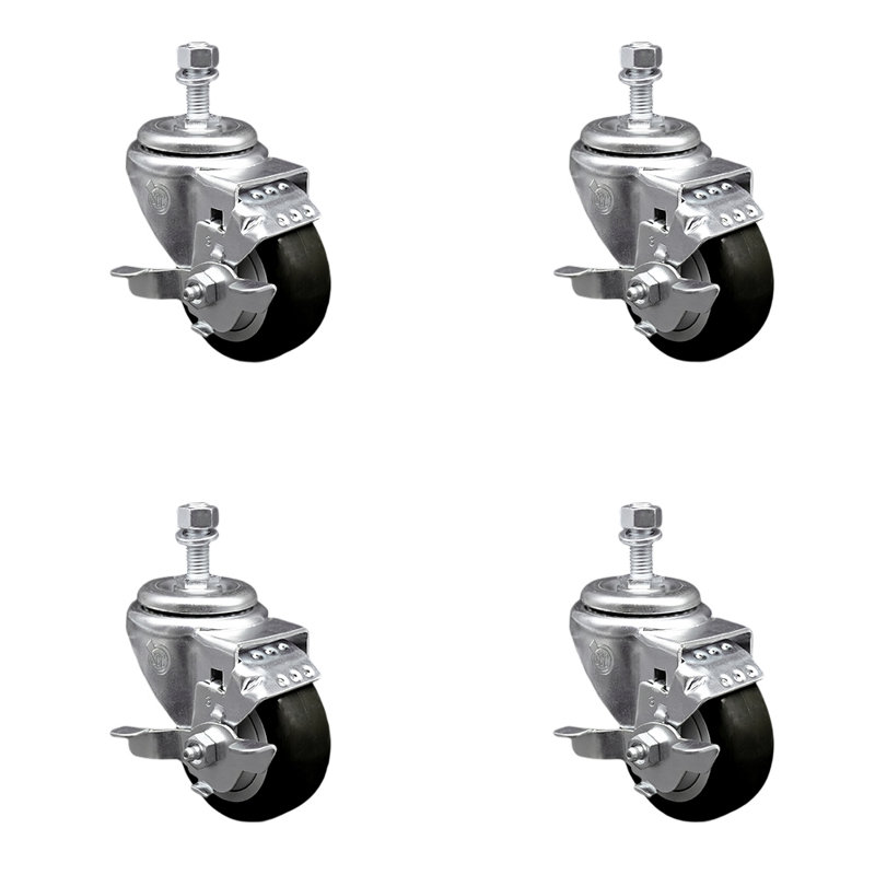 Ensemble de roulettes à tige filetée pivotante de 3,5 po en polyuréthane de 12 mm avec frein