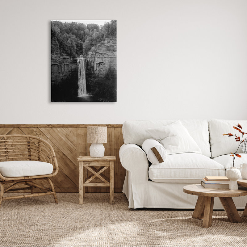 Ithaque, falaise, cascade, noir, blanc, paysage naturel, photographie sur plaque, par Nick Saez, Toile tendue