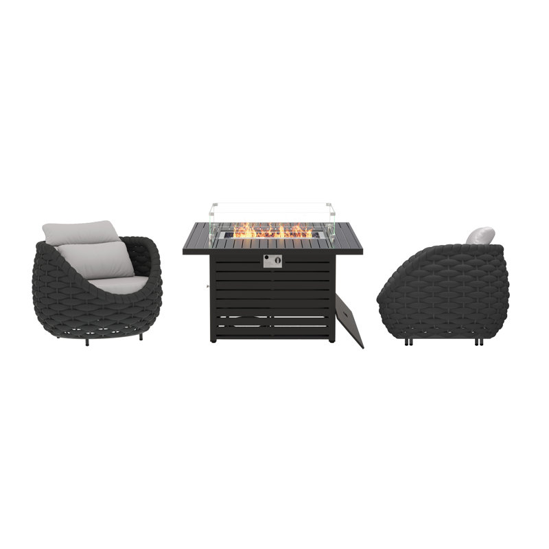 Chaises longues modernes en corde résistante aux intempéries avec ensemble de conversation 3 pièces Modern, Gris foncé