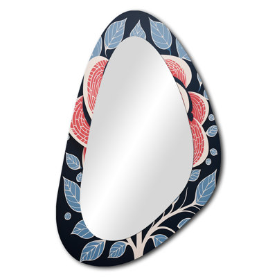 «Erving Red Rose Blue Leaves», rétro - grand miroir mural de forme irrégulière, miroir décoratif asymétrique rose, impression sur métal