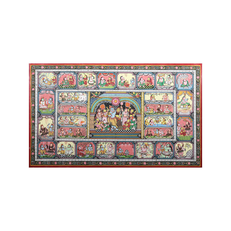 Krishna Leela Pattachitra, peinture sur toile, décoration murale Odisha Folk Art 24 x 40 po par Purna Chandra