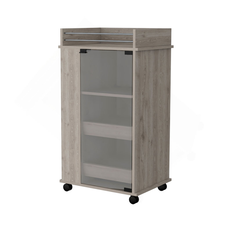 Chariot-bar avec roulettes, porte en verre et tablette à 2 côtés, Grey