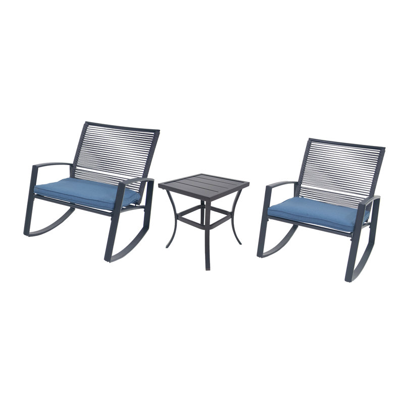 2-Person Outdoor Patio Bistro Metal Rocking Conversation Set With Table, Blue