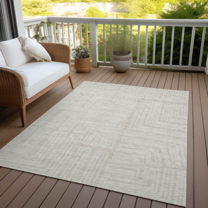 Beige Geometric Synthetic Flat Woven Washable Rug, 2'6" x 3'10"
