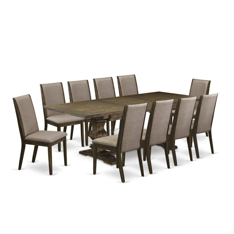 L'ensemble de salle à manger 11 pièces comprend une table de salle à manger rectangulaire avec rallonge amovible et 10 chaises de salle à manger Parson en tissu kaki foncé
