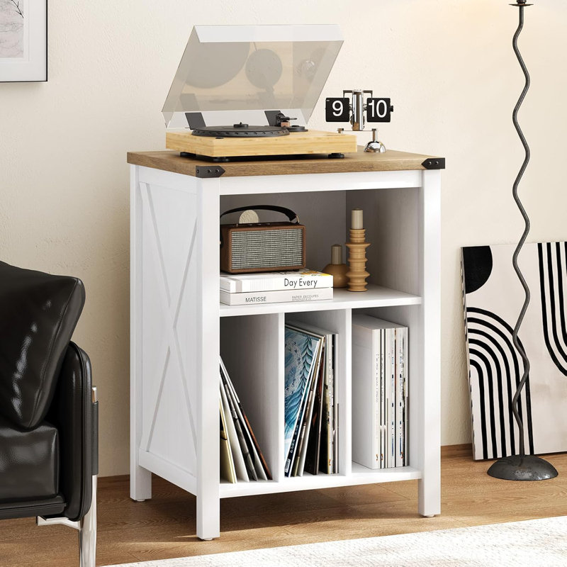 Record Player Stand Table, Record Shelf with Outlet Hole,with 3 Divider Open Shelf Holder Up to 160 Albums., Brown/White