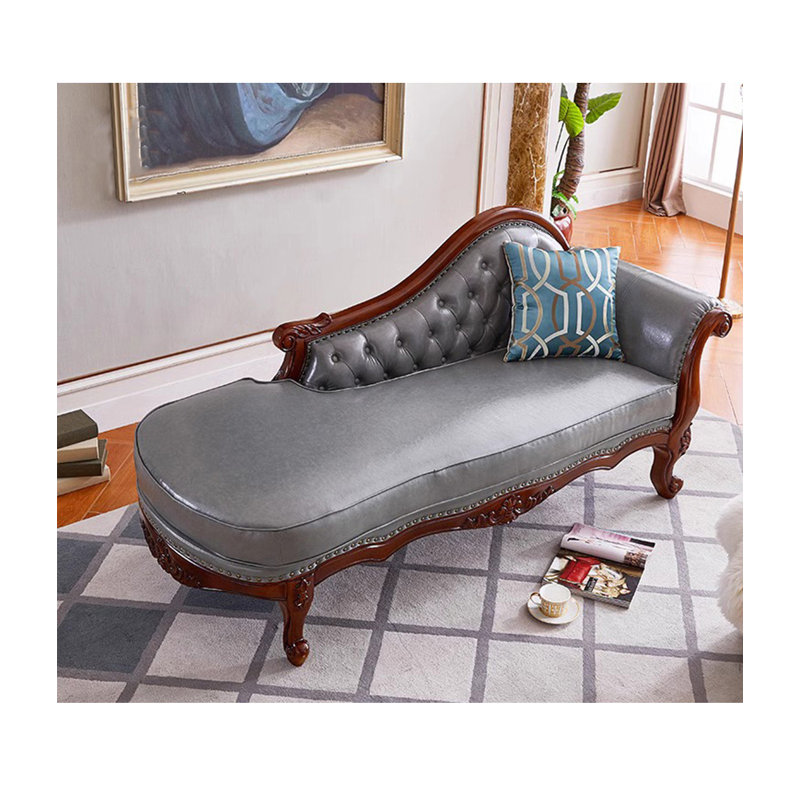 Chaise longue de style campagnard américain en chêne, cuir et tissu, pour chambre et salon