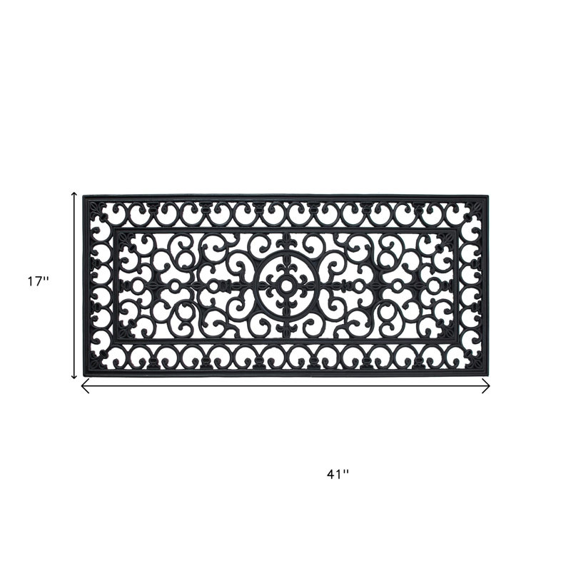 Tapis de porte d'extérieur en caoutchouc noir à motifs en volutes, 43 x 104 cm