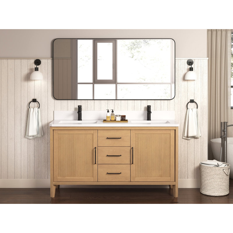 Meuble-lavabo autoportant Tennant Brand de 72 pouces, style moderne du milieu du siècle, couleur chêne brun chaud, double lavabo, comptoir en quartz blanc, entièrement assemblé