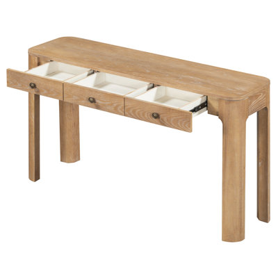 Retro Style Console Table With Curved Corners 3 Concealed Drawers Thick Solid Wood Legs Natural Color Suitable For Entryway Living Room And Hallw Retro Style Console Table With Curved Corners 3 Concealed Drawers Thick Solid Wood Legs Natural Color Suitable For Entryway Living Room And Hallw