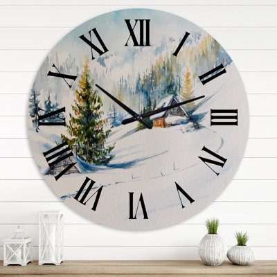 Little House In The Winter Mountains - Traditional wall clock