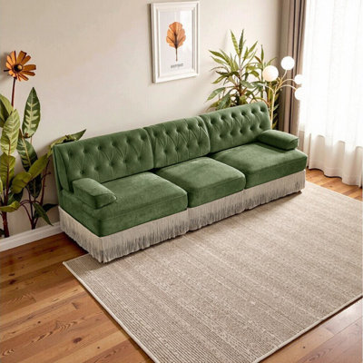 Elegant 3-Seater Green Velvet Sofa with Tassel Skirt – Pet-Friendly & Modular Design for Cozy Living Spaces