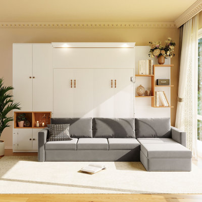 Grand lit escamotable avec grand canapé, tablettes et armoires de rangement, lit mural moderne à faible encombrement avec deux lumières - canapé blanc et gris