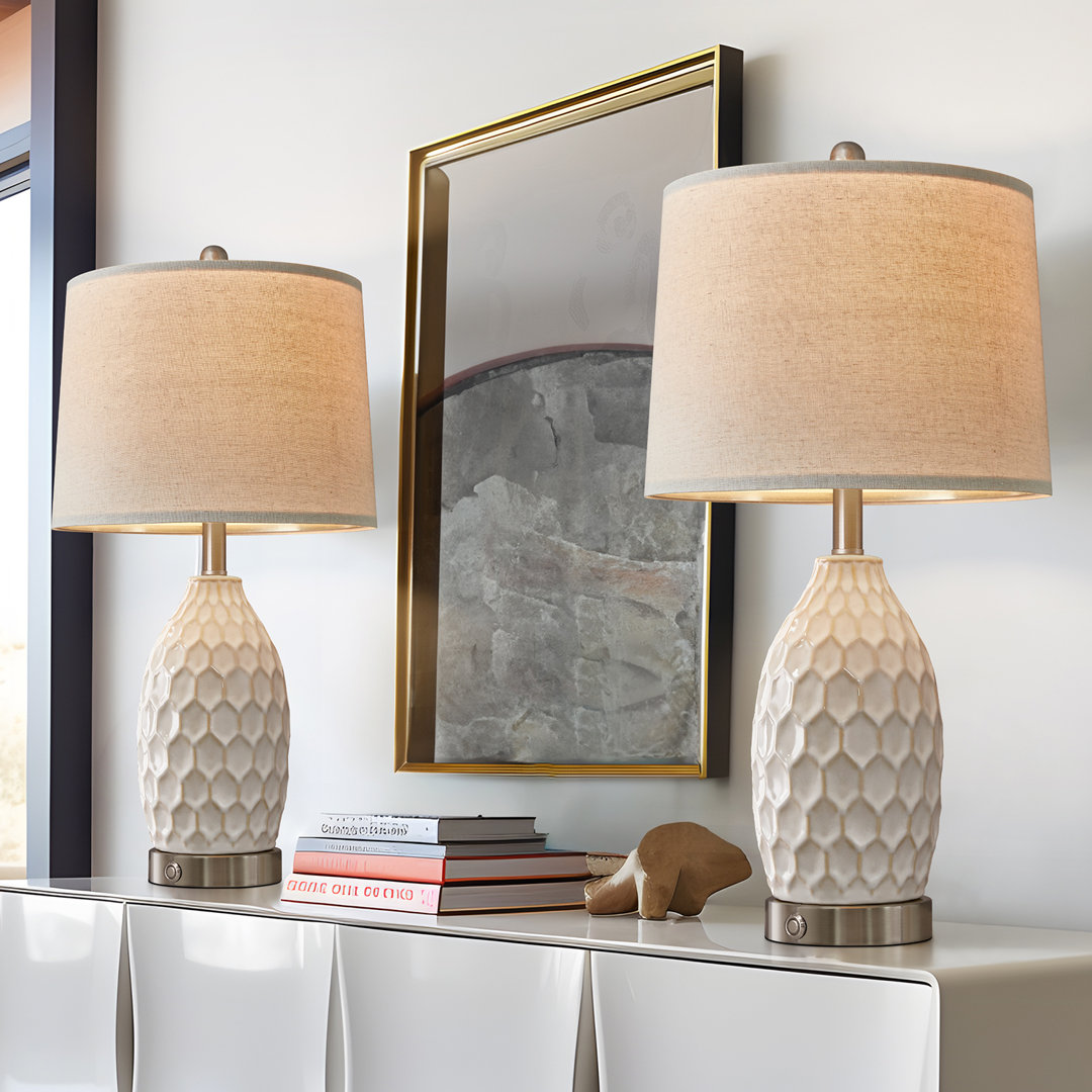 Intissar 3-Way Dimmable Ceramic Bedside Lamp with USB Port for Desk, Office (Set of 2) Mercer41