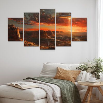 Brown Red Alien Landscape Ufos - Ufos Wall Art Set