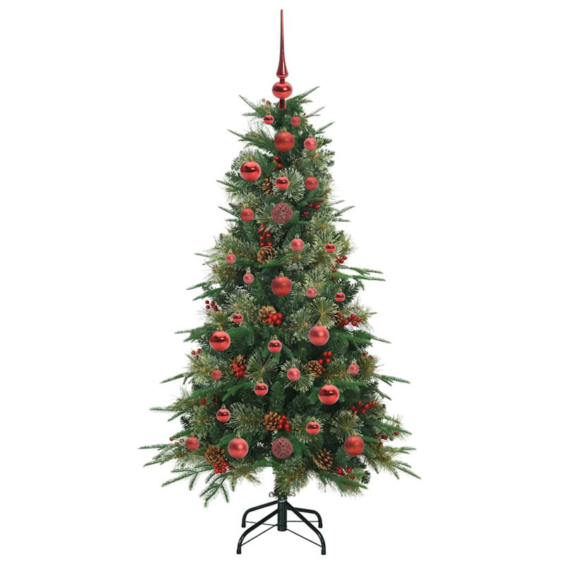 Artificial Hinged Christmas Tree Green PE and PVC, Green/Red, 3.94' H