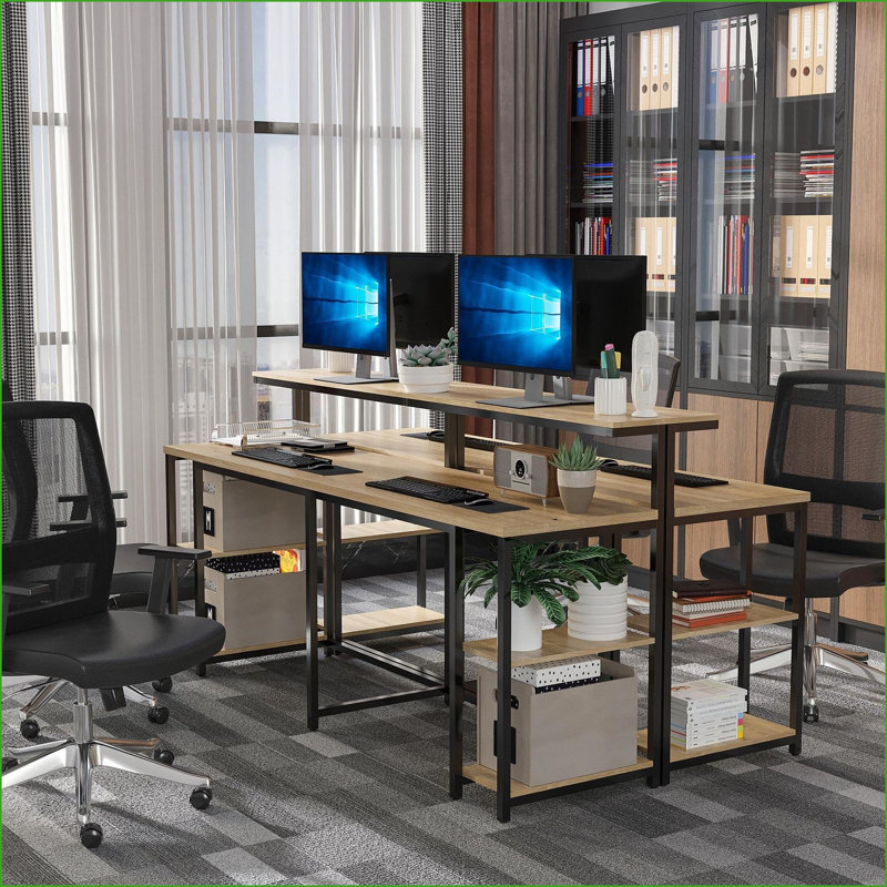 Bureaux, bureau d'ordinateur 78,75 "industriel pour deux personnes avec tablette pour écran et support pour unité centrale, brun | MDF | acier
