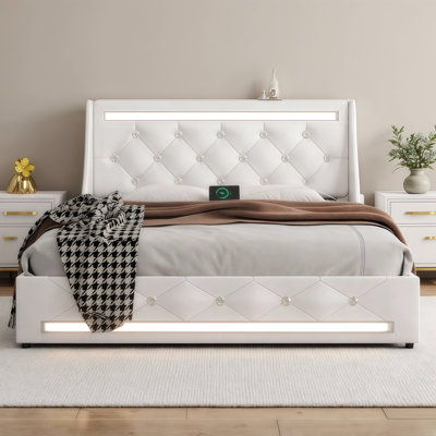 Structure de lit plateforme tapissier moderne avec lumières DEL, station de charge, tiroirs de rangement et tête de lit Diamond - aucun sommier nécessaire