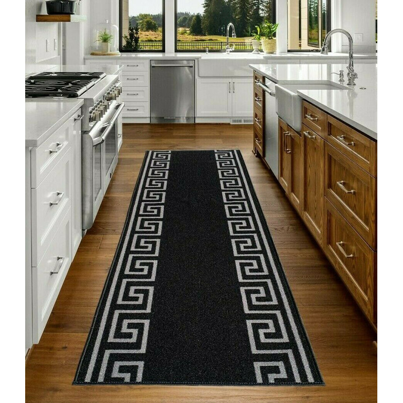 Custom Size Runner Rug 26 Inch Wide Choose Your Length Greek Key Meander Design Black Silver Color, Rectangle 2'2'' x 4'