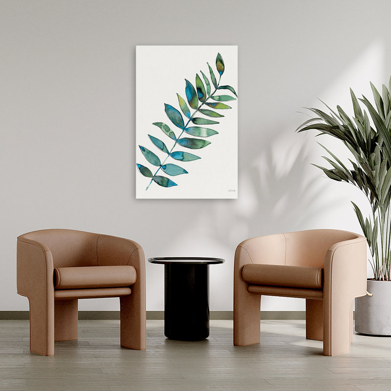 Palm Springs VI - bleu crème, feuille verte, art, H 36 po x l 24 po