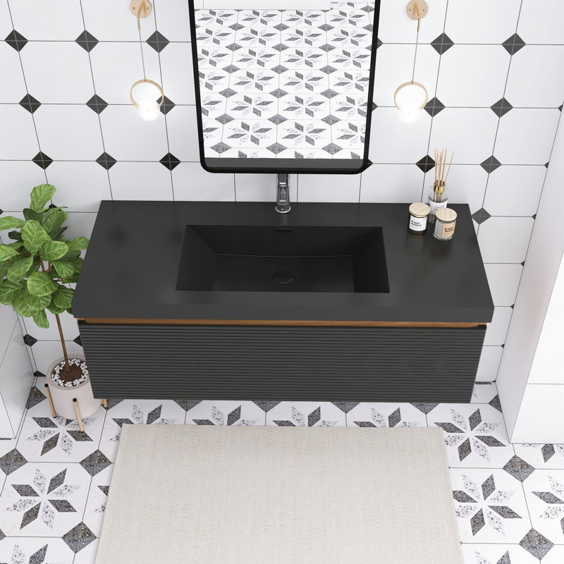 Meuble-lavabo mural simple 48 po en chêne avec plateau en résine intégré