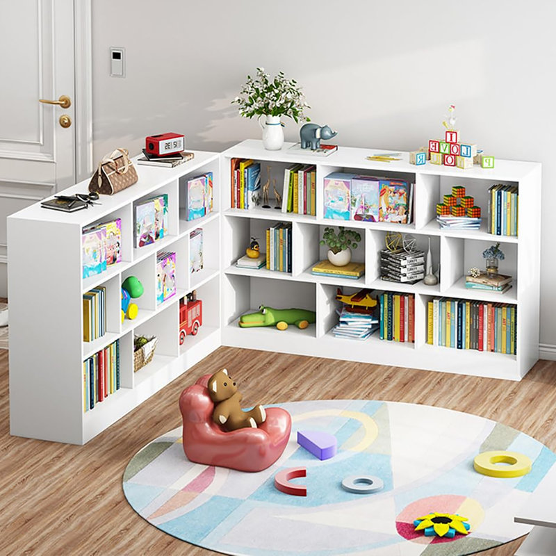 Bibliothèque à 3 niveaux avec tablette ouverte en bois avec base, présentoir 5 cubes et rangement en un, Blanc chaud