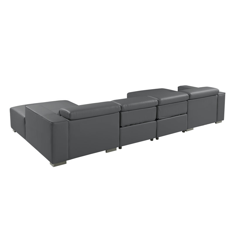 Canapé modulaire en U en cuir véritable 4 pièces gris foncé avec 2 fauteuils inclinables électriques et appuis-tête réglables